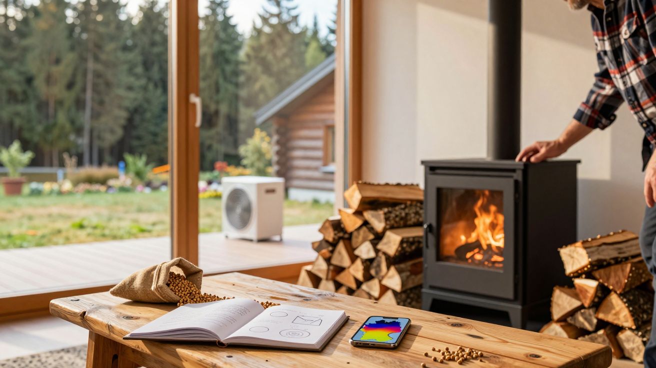 Interior aconchegante com lareira acesa, lenha empilhada e mesa de madeira com caderno e celular.