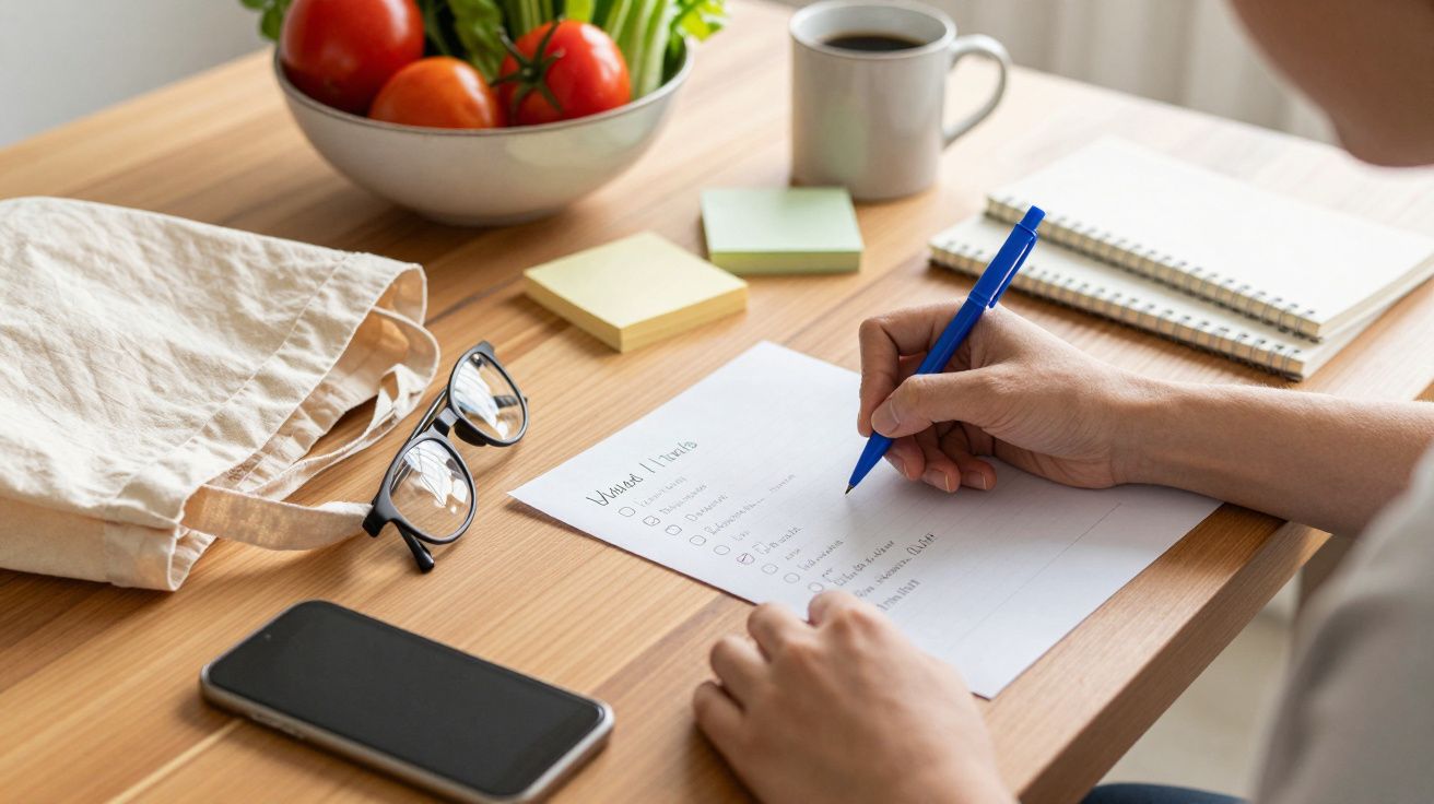 Pessoa escrevendo lista de compras em papel, com frutas, óculos, celular e caneca na mesa.