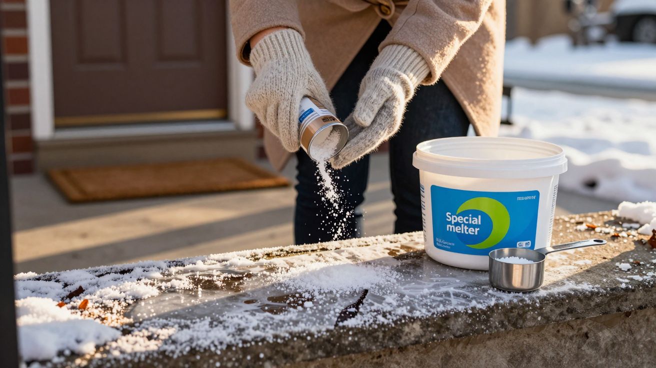 Pessoa com luvas aplicando derretedor de gelo em varanda coberta de neve próxima à porta de casa.