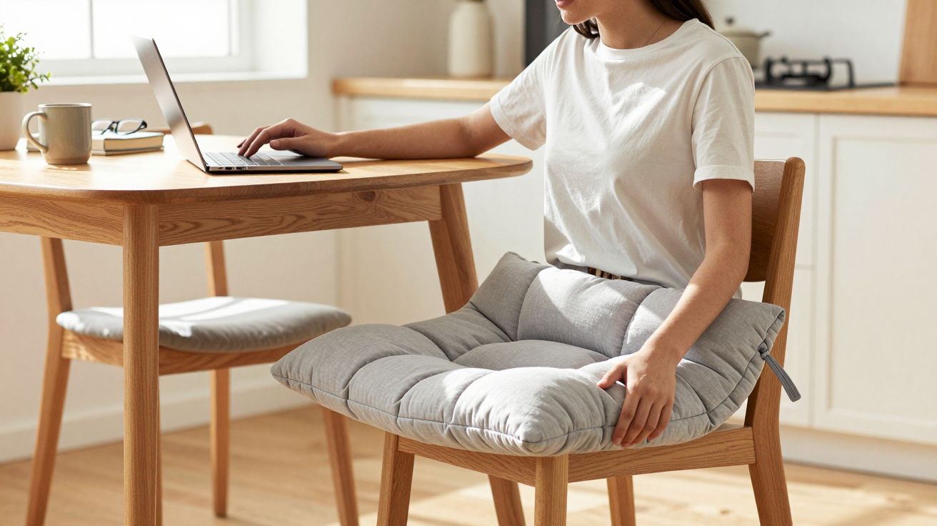 Mulher sentada em cadeira com almofada cinza usando laptop em mesa de madeira clara.