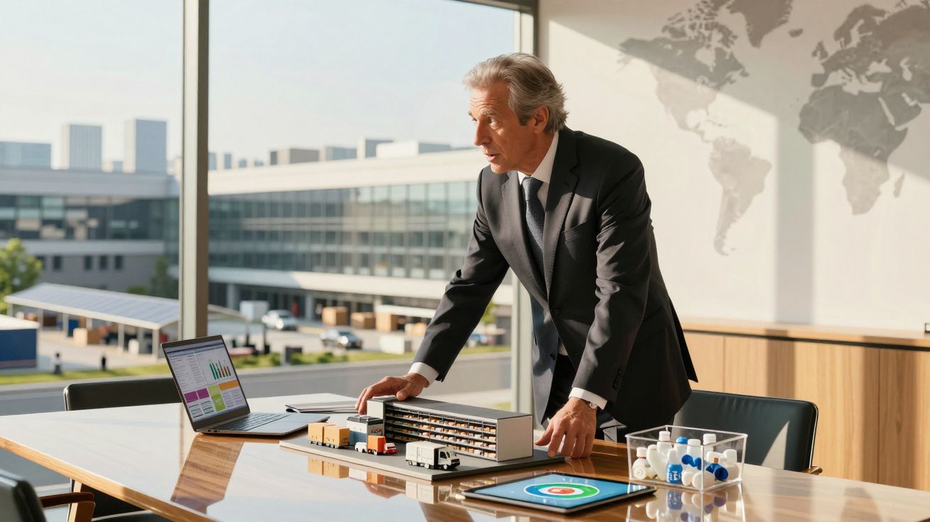 Homem de terno analisando maquete de edifício em sala com laptop e tablet na mesa, mapa mundi na parede.