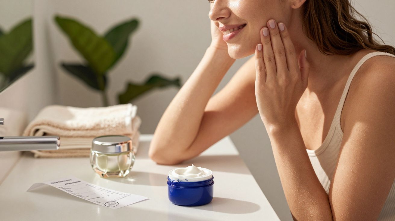 Mulher sorrindo aplicando creme facial em um banheiro com toalhas e plantas ao fundo.