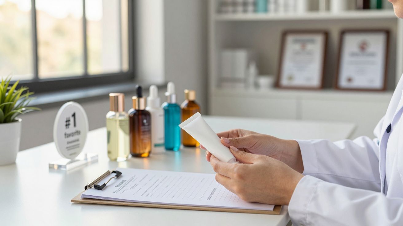 Mãos femininas segurando tubo de creme em mesa com prancheta, frascos de produtos e ambiente clínico iluminado.