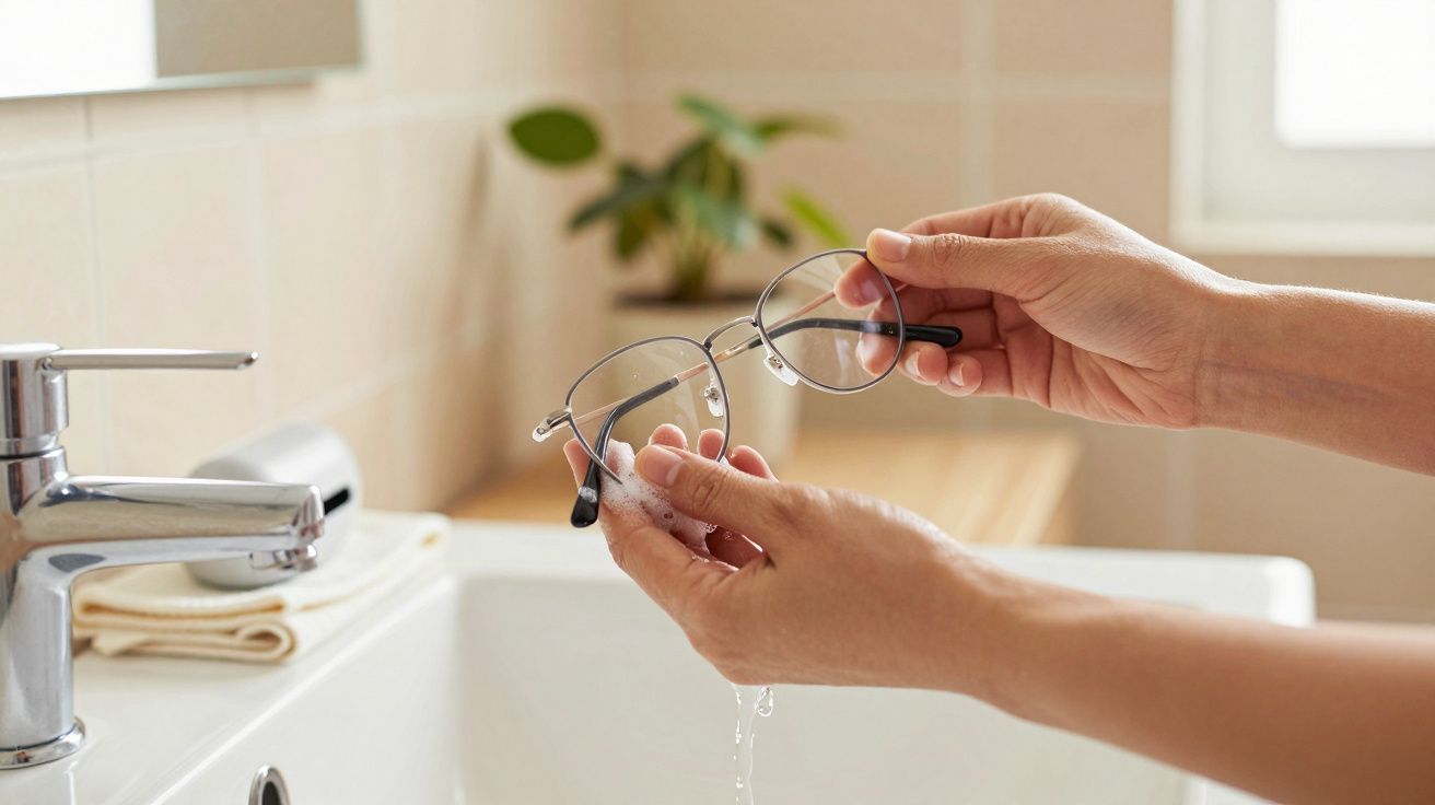 Pessoa lavando óculos com sabão líquido sobre pia branca em banheiro iluminado.