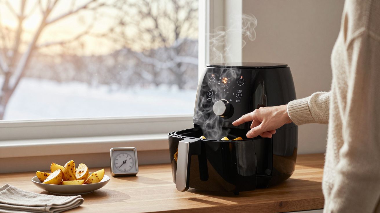 Mão ajustando a temperatura de uma air fryer preta com batatas fritas e vapor saindo.