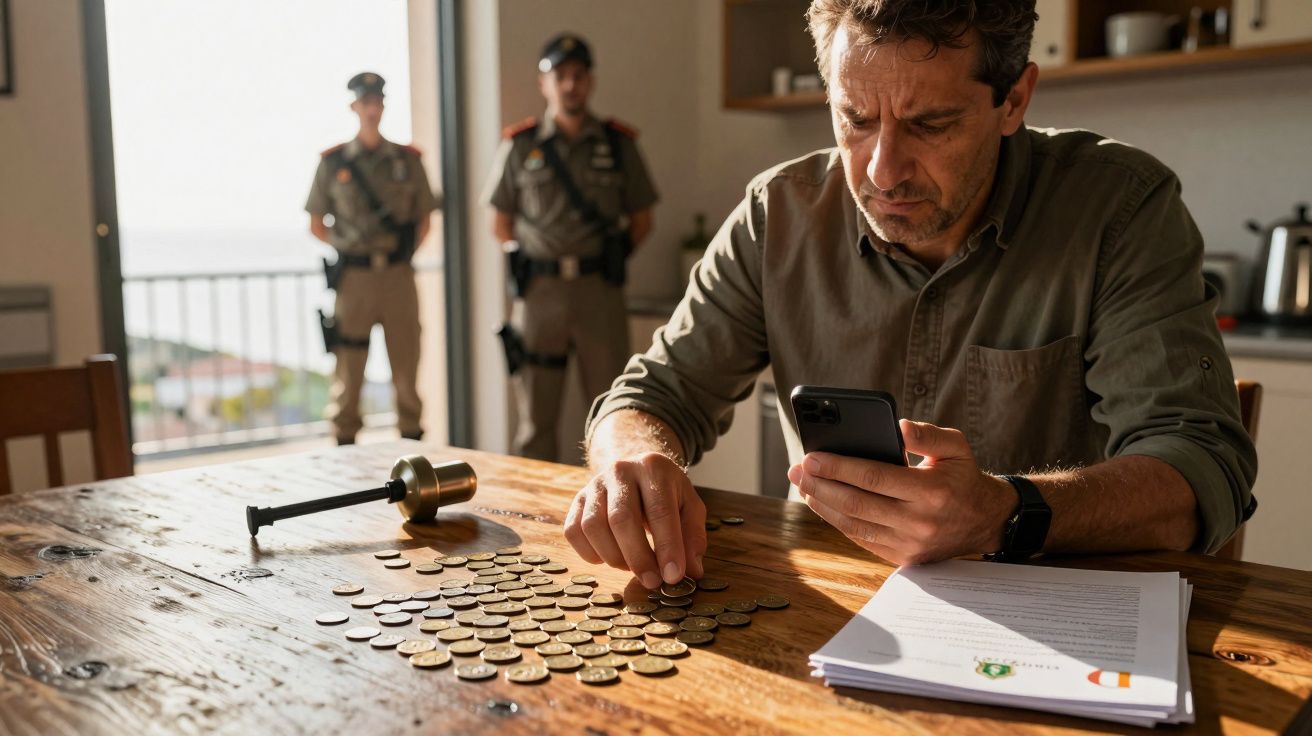 Homem conta moedas na mesa enquanto dois policiais observam ao fundo em ambiente interno.