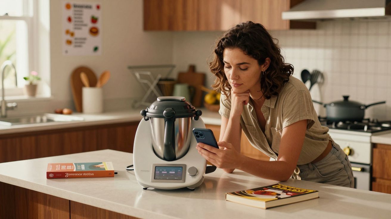 Mulher usando smartphone na cozinha, ao lado de eletrodoméstico e livros de receitas sobre a bancada.