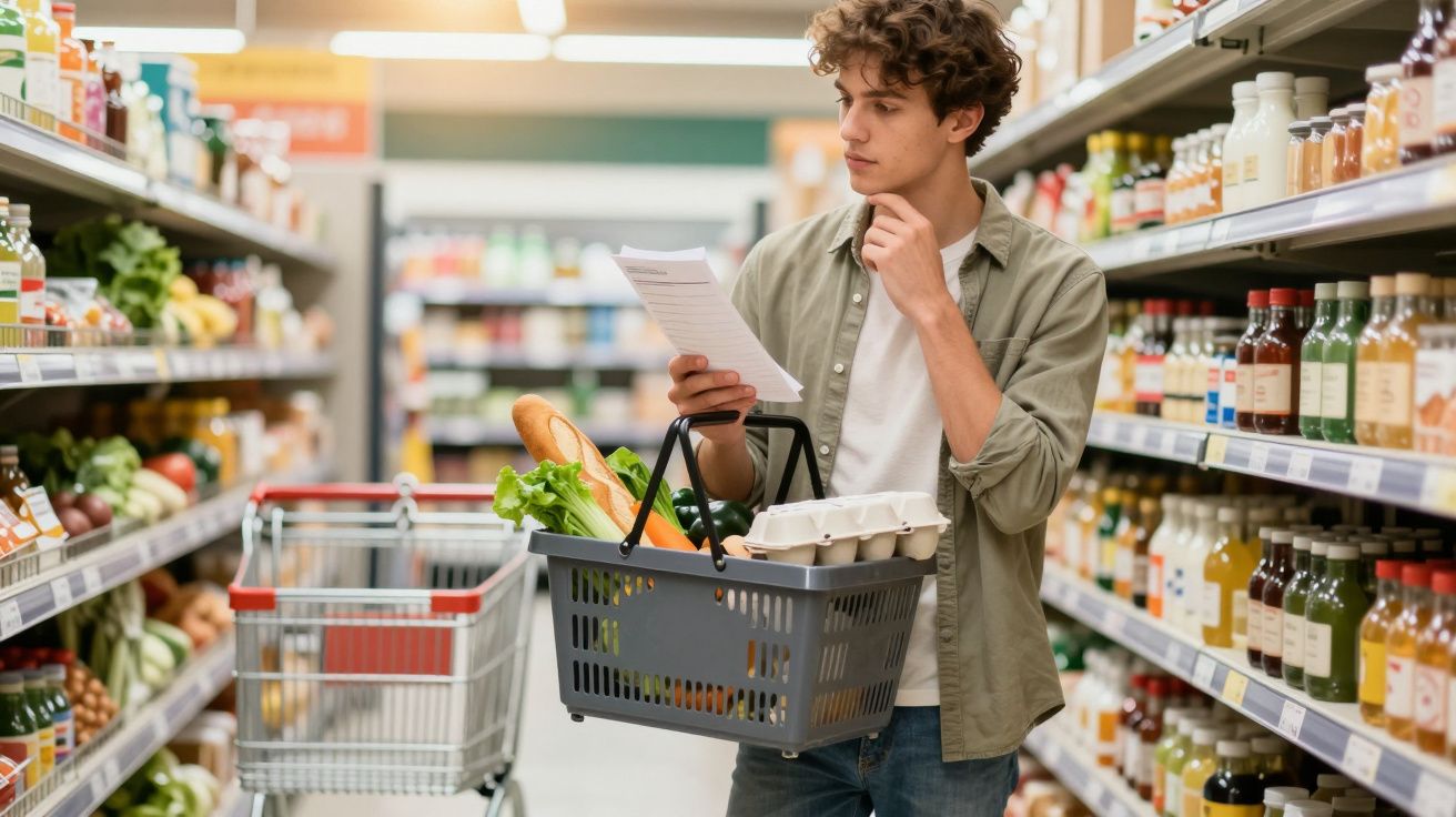 Jovem branco com cesto faz compras em supermercado, segurando lista e observando produtos nas prateleiras.