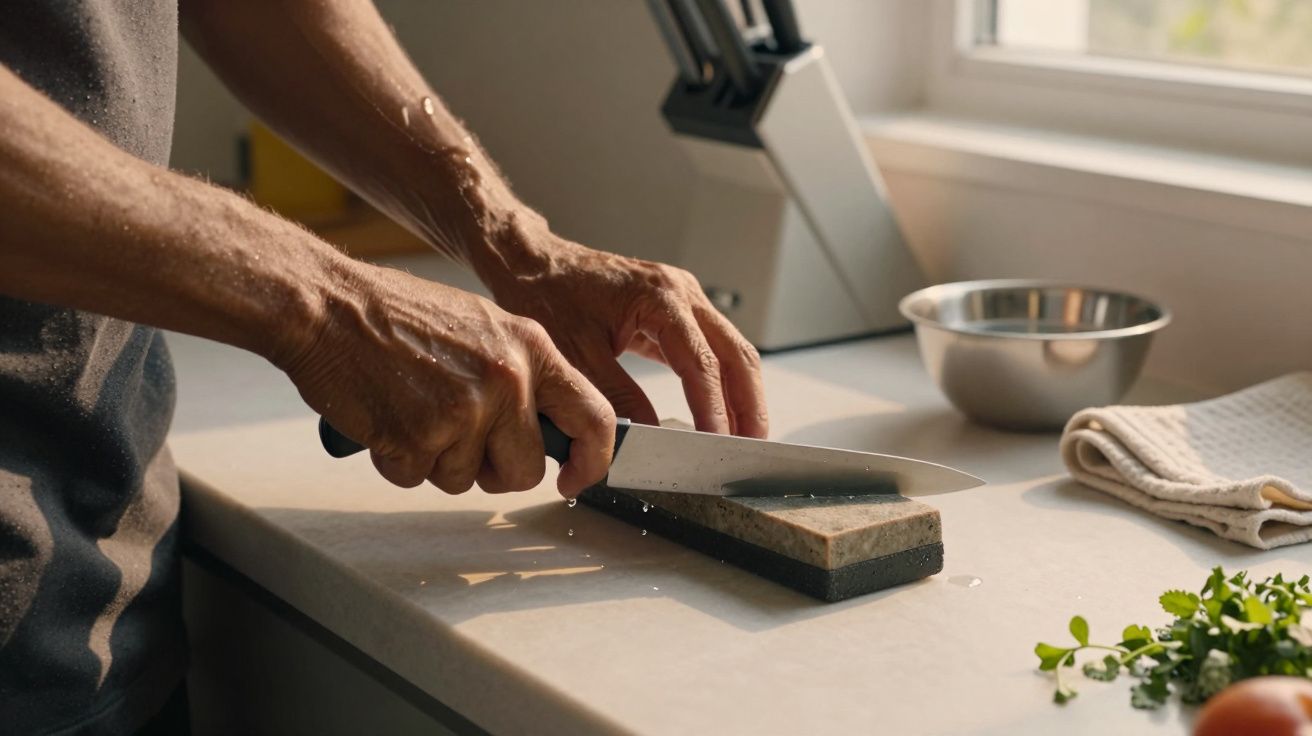 Pessoa afiando uma faca em uma pedra de amolar sobre bancada branca em cozinha iluminada.