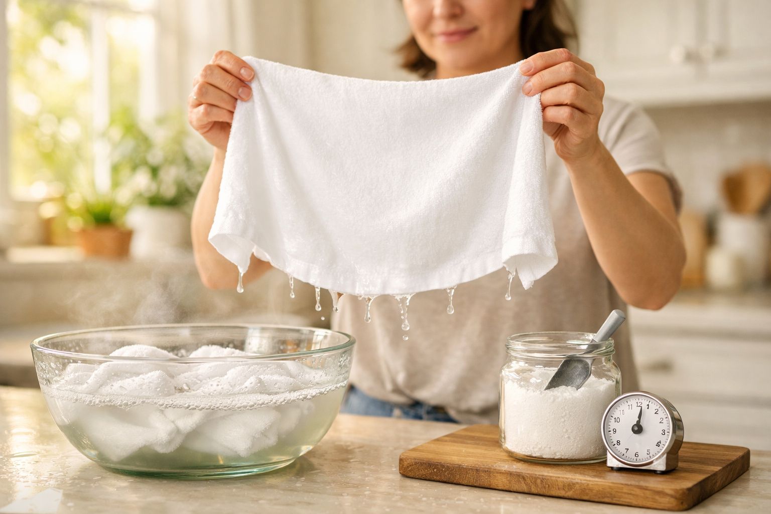 Pessoa segurando pano branco molhado sobre tigela com água e gelo, vidro com pó de limpeza e timer em cozinha.