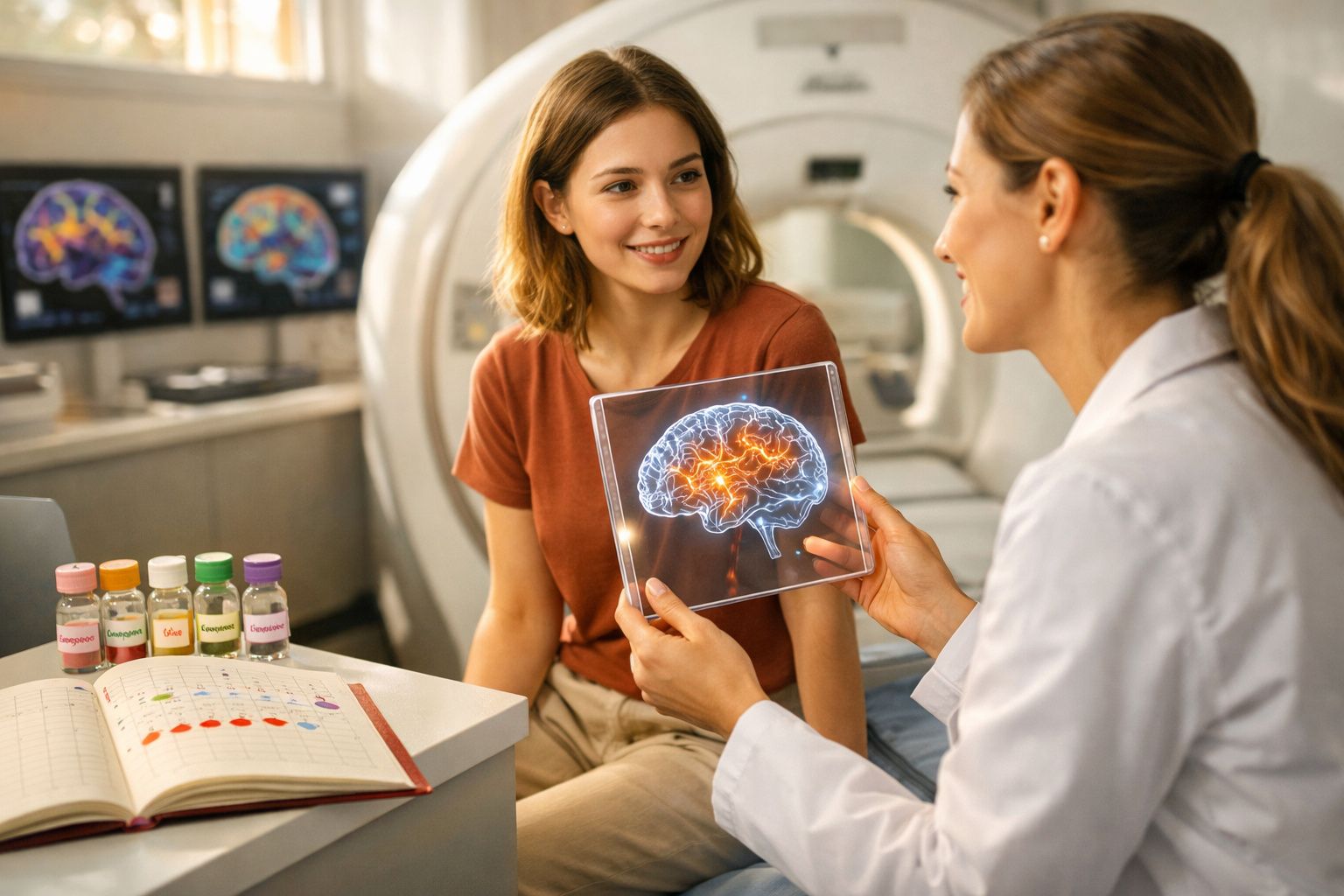 Médica mostra imagem digital do cérebro a paciente em consultório de neurologia com scanner ao fundo.