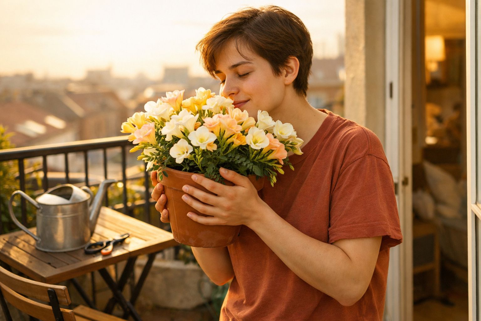 Pessoa em camiseta marrom cheirando flores em vaso marrom em sacada ao pôr do sol.