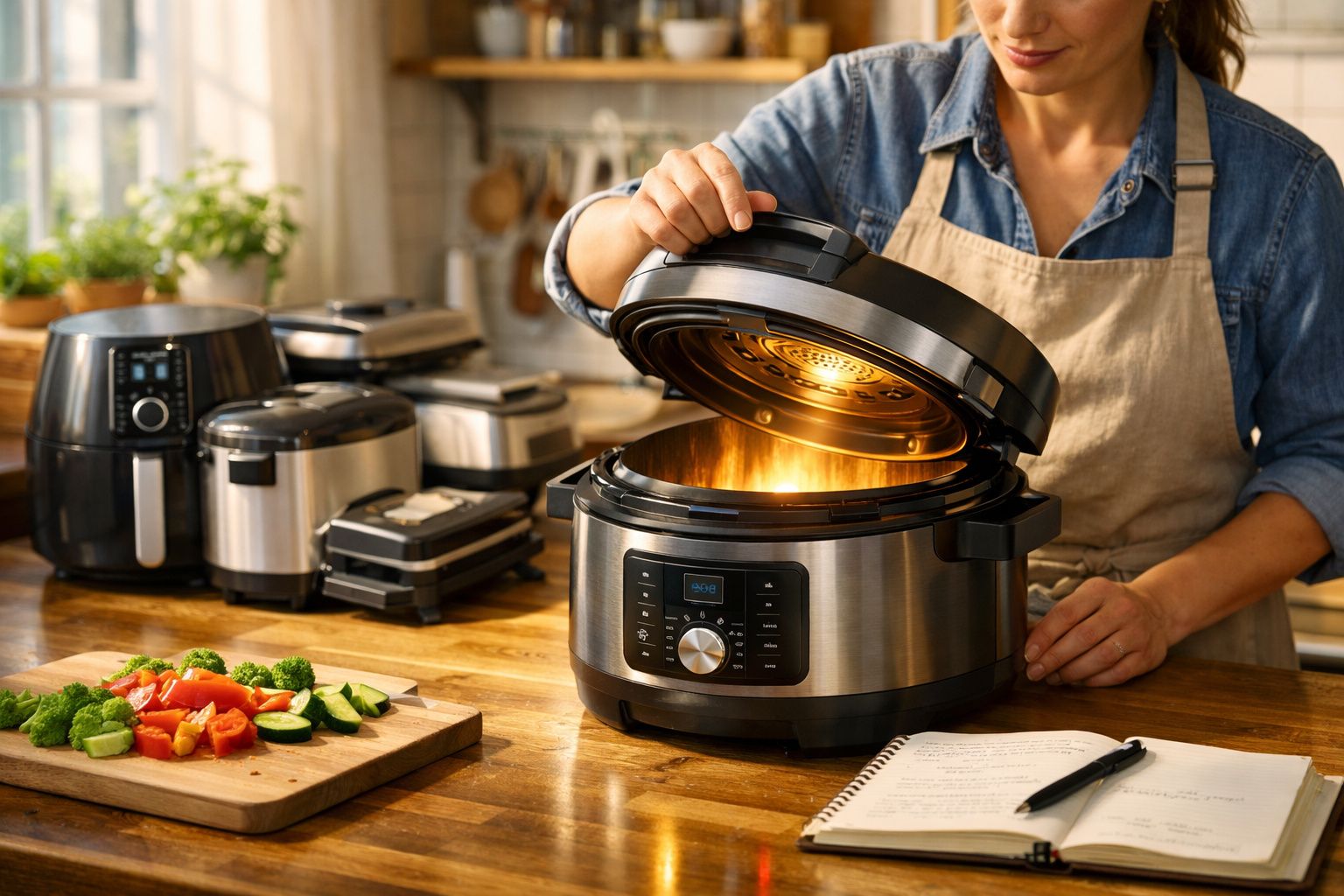 Pessoa abrindo panela elétrica brilhando em cozinha com legumes frescos e caderno de receitas na mesa.