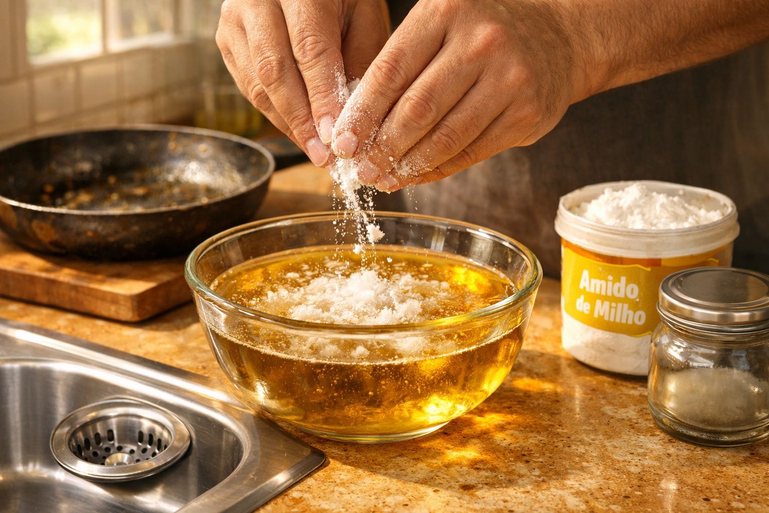 Mãos adicionando amido de milho em tigela com líquido amarelo em bancada de cozinha.
