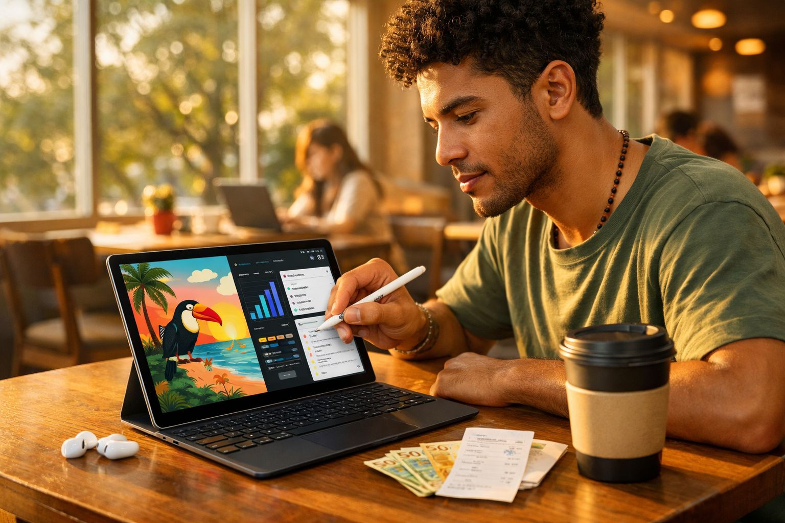 Homem trabalhando em tablet com caneta digital em café, ao lado de dinheiro, café e fones de ouvido.