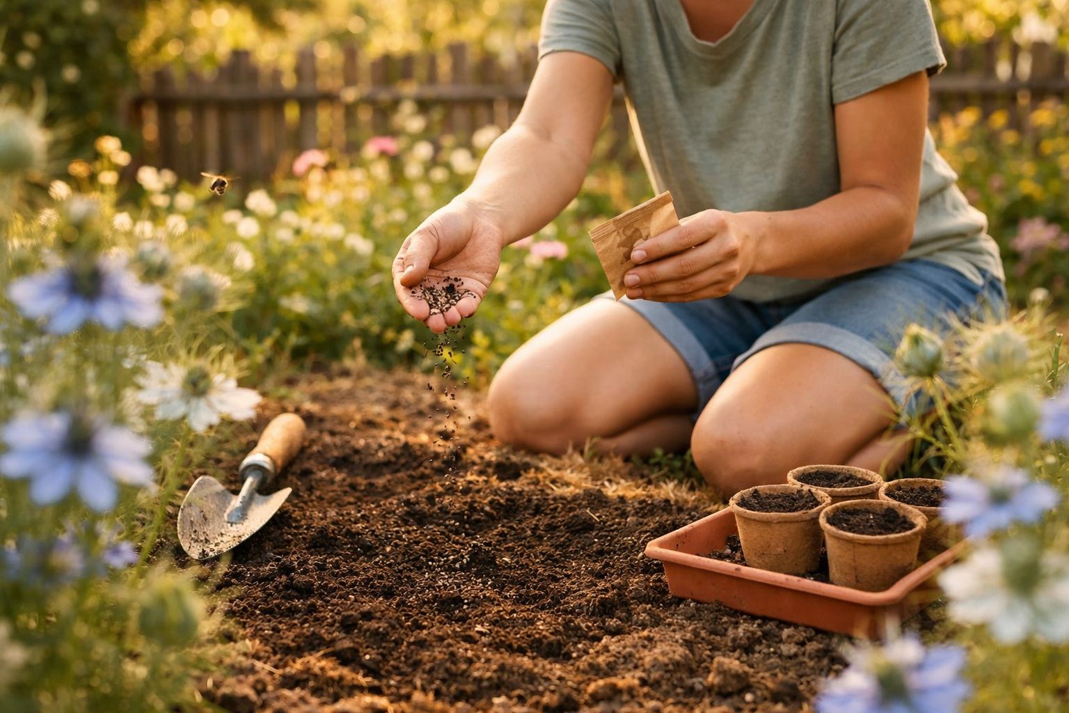 Pessoa plantando sementes em jardim com vasinhos e ferramenta de jardinagem ao lado.