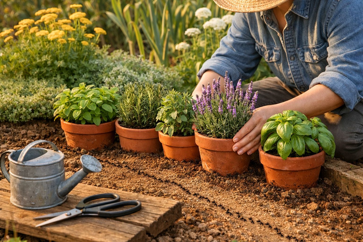 Pessoa cuidando de plantas em vasos de barro em um jardim com regador e tesoura ao lado.