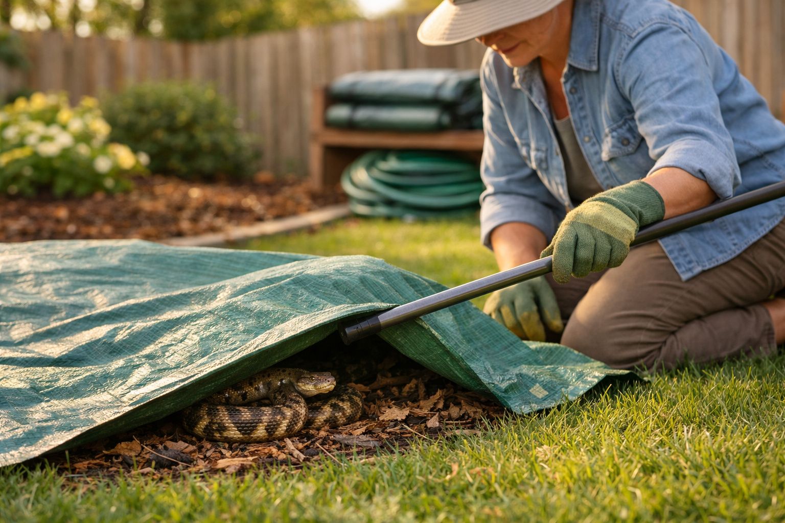Pessoa utilizando ferramenta para retirar cobra enrolada sob lona em jardim gramado.