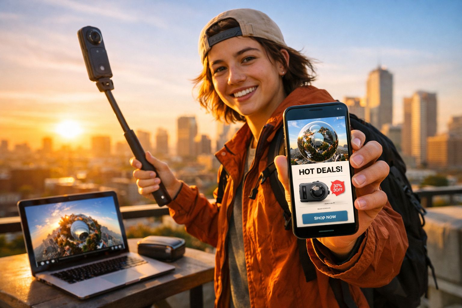 Pessoa sorridente segura celular com oferta e bastão de selfie, ao pôr do sol na cidade.