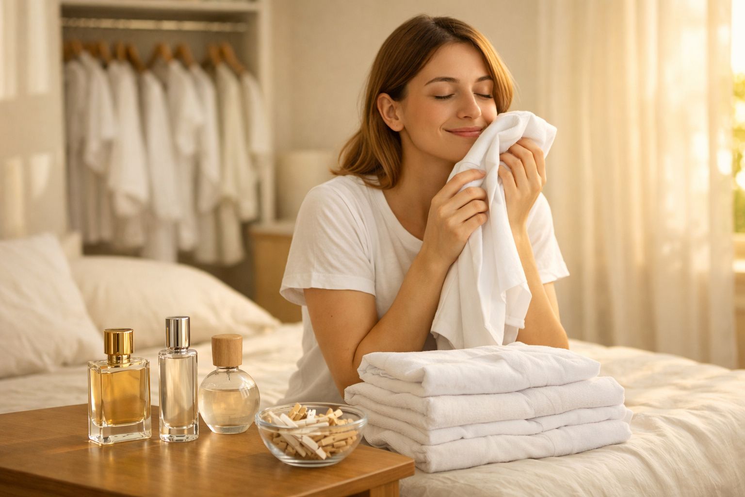 Mulher feliz cheirando roupa branca limpa em quarto com perfumes e prendedores em mesa ao lado.