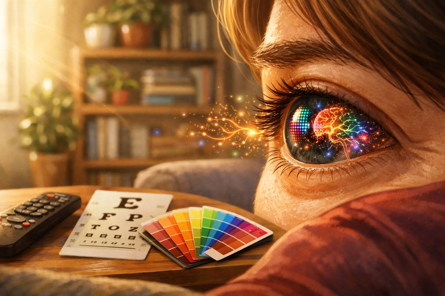 Olho humano refletindo cérebro iluminado e cores vibrantes, com tabela de visão e controle remoto ao lado.