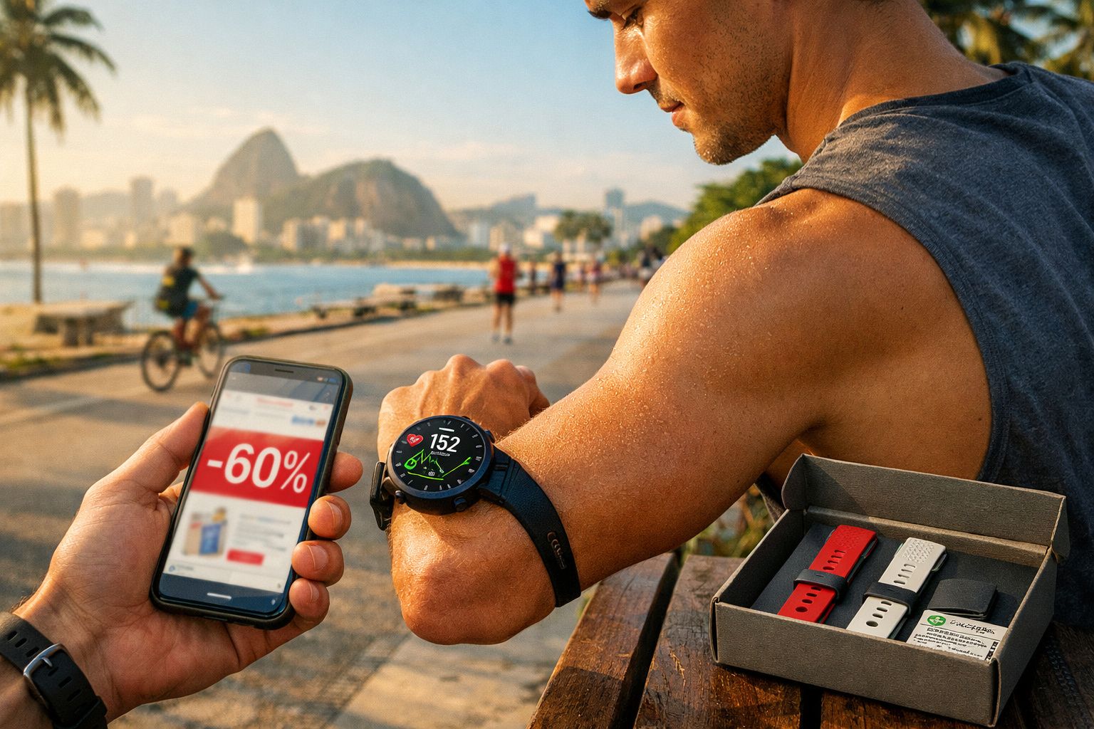 Homem conferindo frequência cardíaca em relógio esportivo com Smartphone mostrando promoção de 60% na praia.