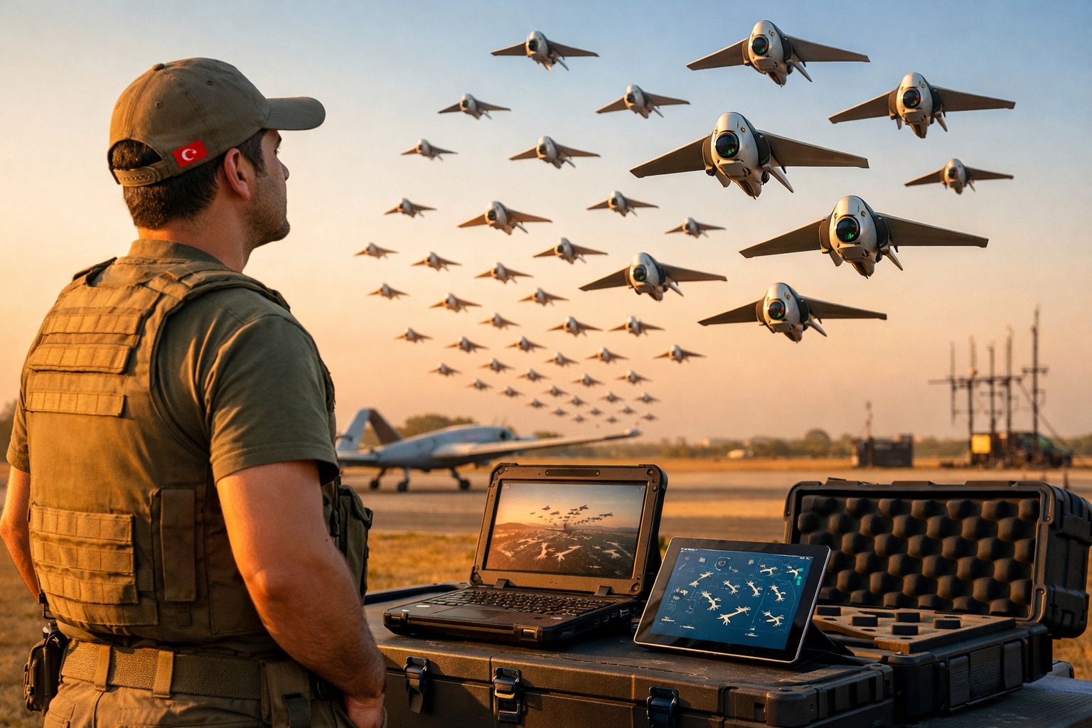 Homem militar com uniforme observa esquadrão de drones voando ao pôr do sol em área de operação aérea.