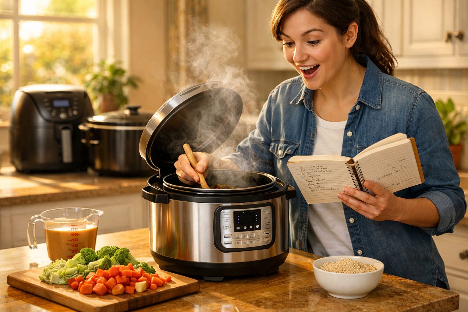 Mulher animada cozinhando em panela elétrica enquanto lê receita em caderno na cozinha.