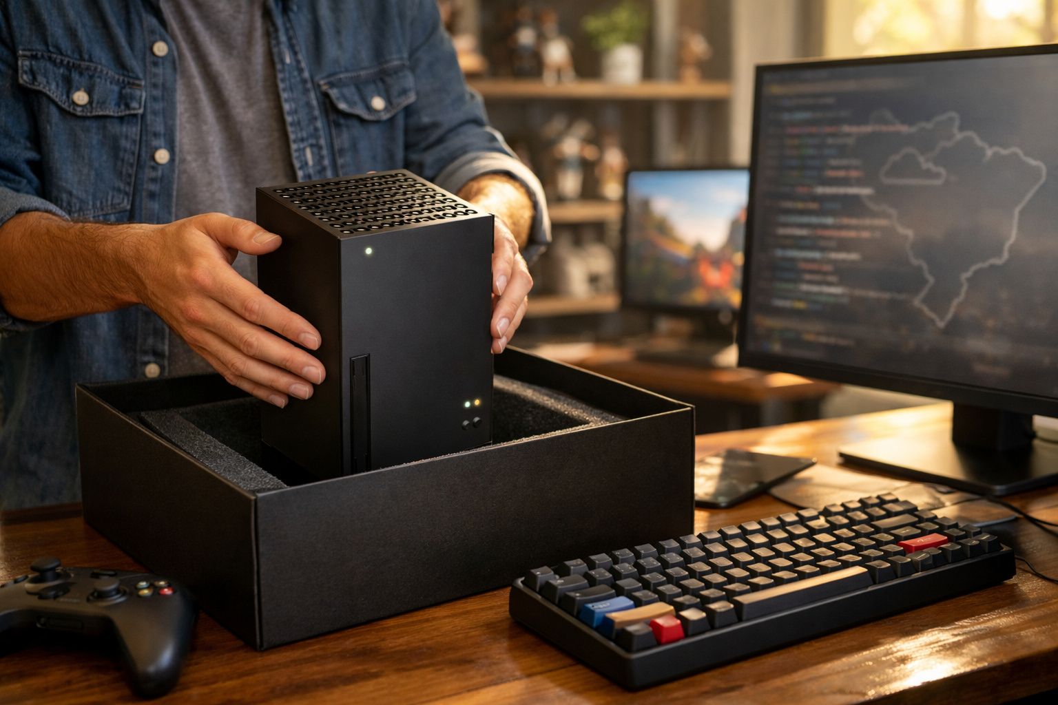 Pessoa retirando console compacto preto de embalagem, teclado e monitor com código ao fundo.