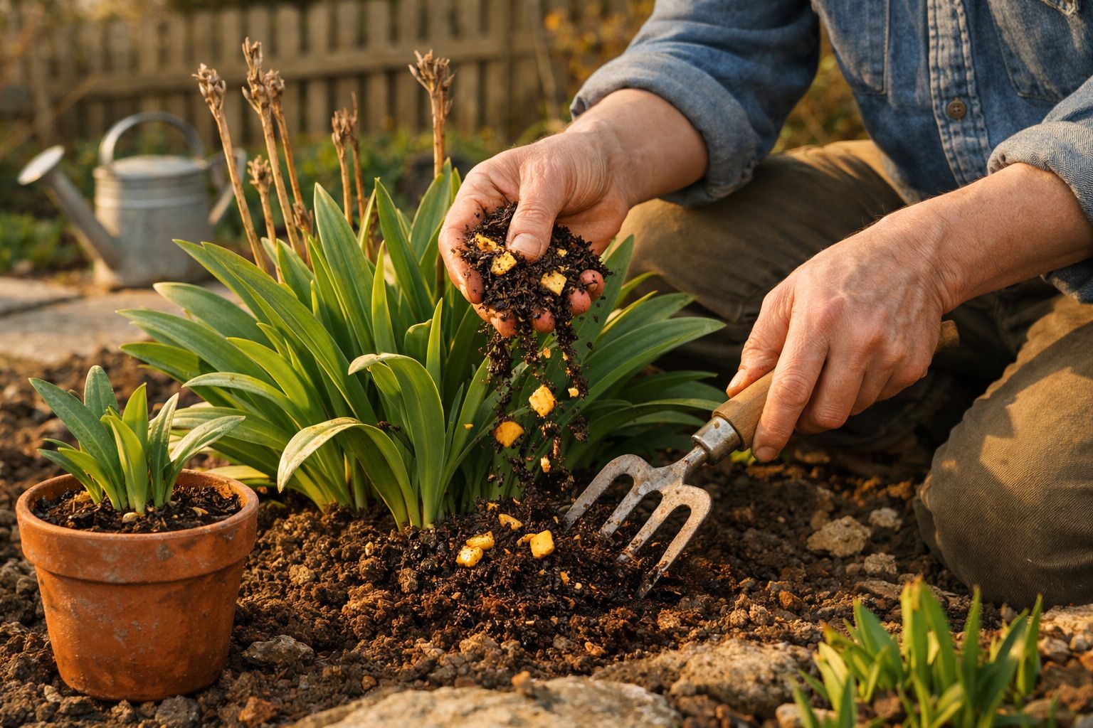 Pessoa adicionando nutrientes ao solo ao lado de plantas verdes em um jardim ao ar livre.