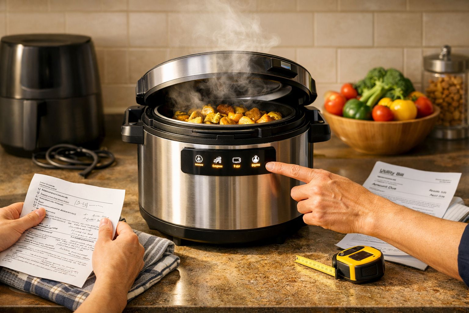 Panela elétrica de pressão com tampa aberta e legumes cozinhando, mãos manuseando documentos e controlando o aparelho.