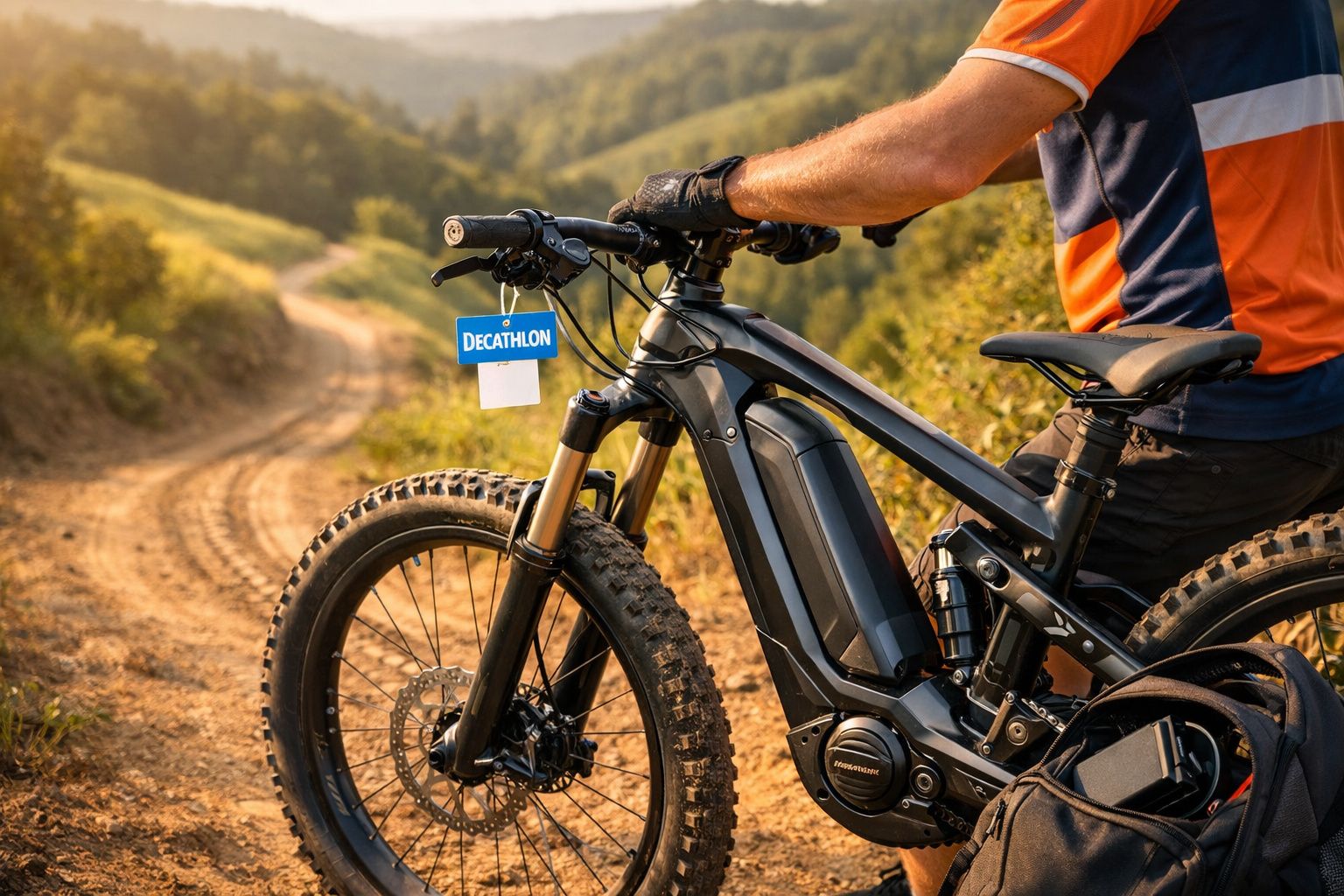 Pessoa segurando bicicleta elétrica preta em trilha de terra com mata ao fundo.