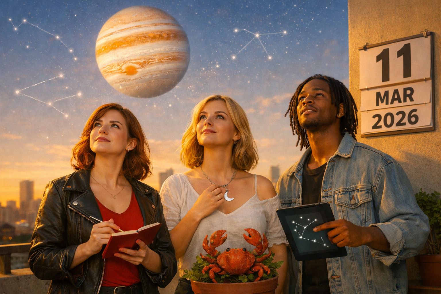 Três pessoas observando constelações com Júpiter gigante e calendário marcando 11 de março de 2026.