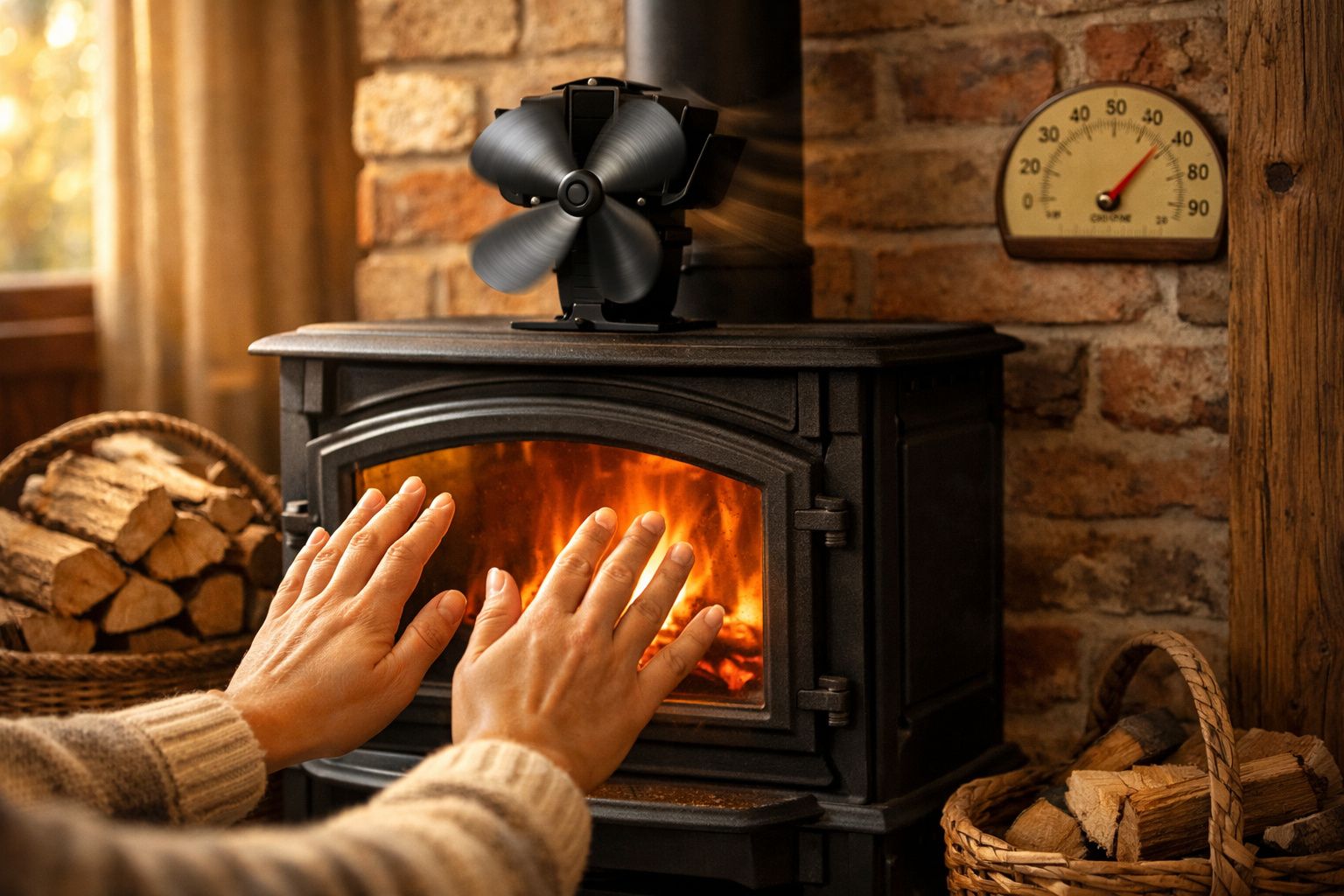 Mãos aquecendo perto de uma lareira a lenha em ambiente rústico com parede de tijolos.