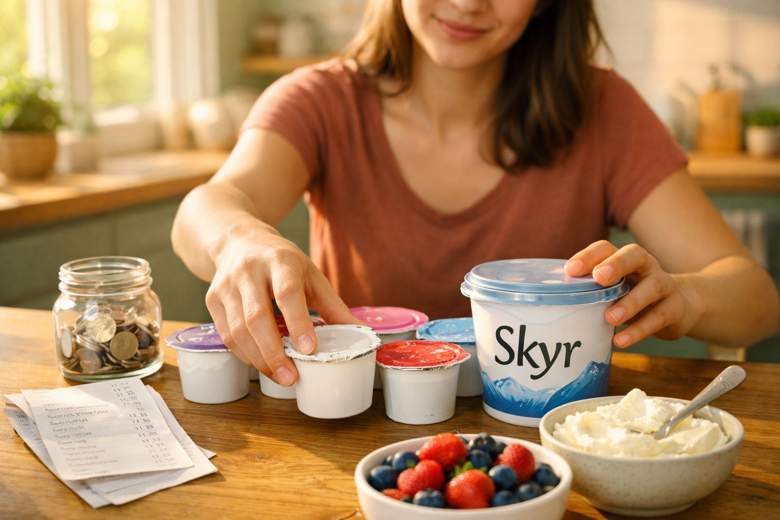 Pessoa escolhendo potes de iogurte em uma mesa com frutas, recibo e pote de Skyr.