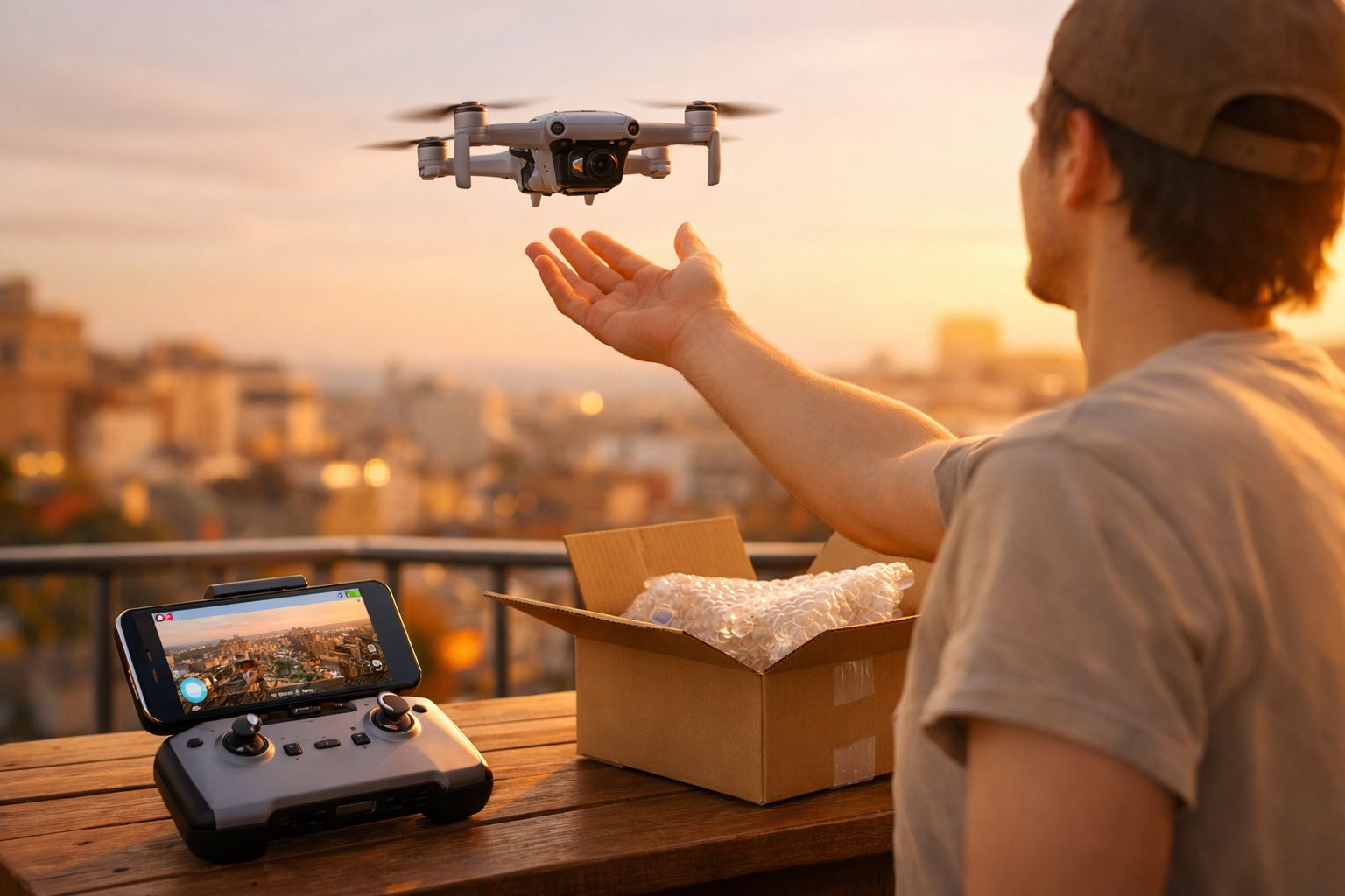 Pessoa controlando drone cinza com controle e smartphone, em área externa ao pôr do sol, ao lado de caixa de papelão.