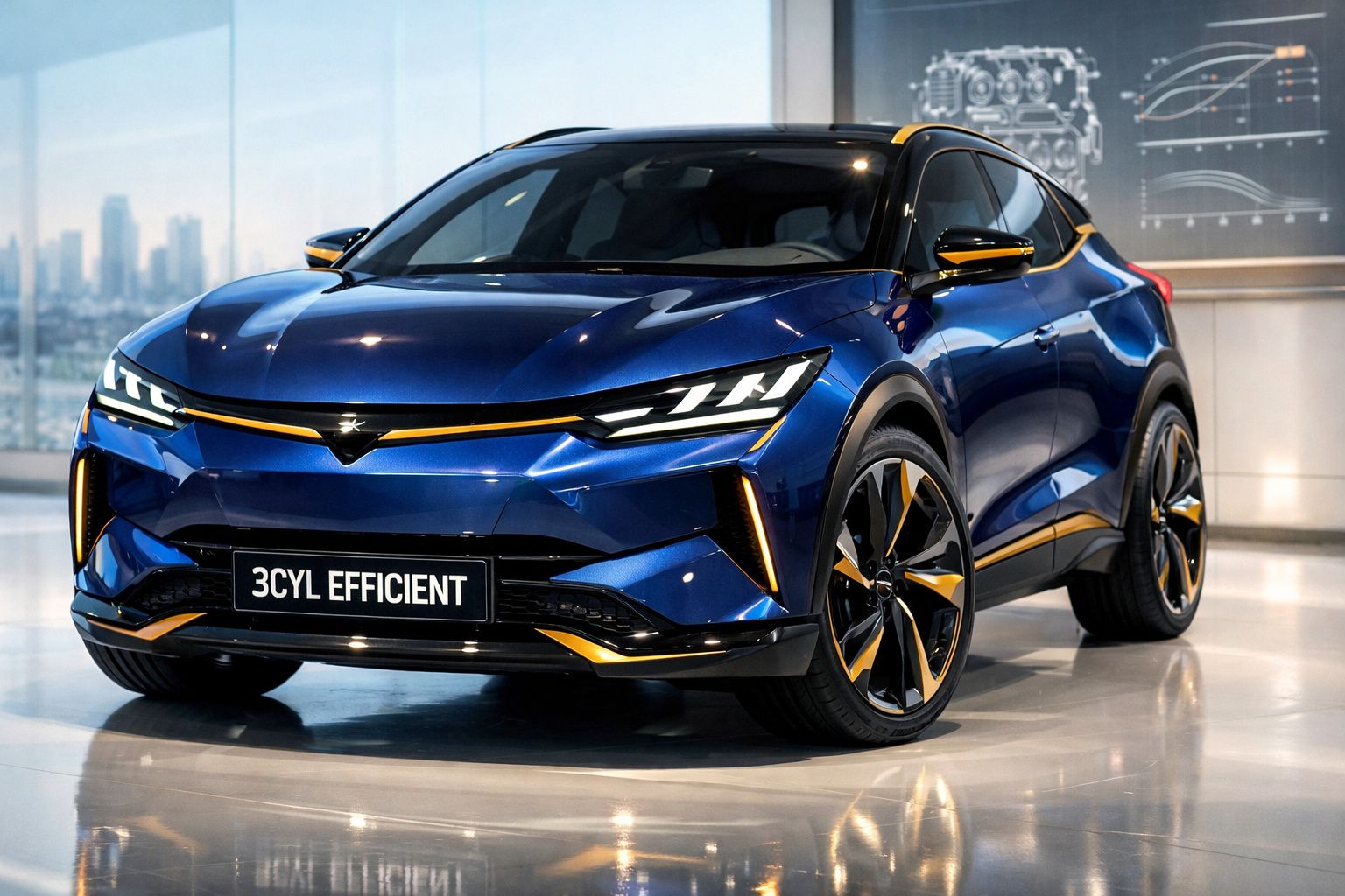 Carro elétrico azul metálico com detalhes dourados em exposição interna, modelo 3CYL EFFICIENT.