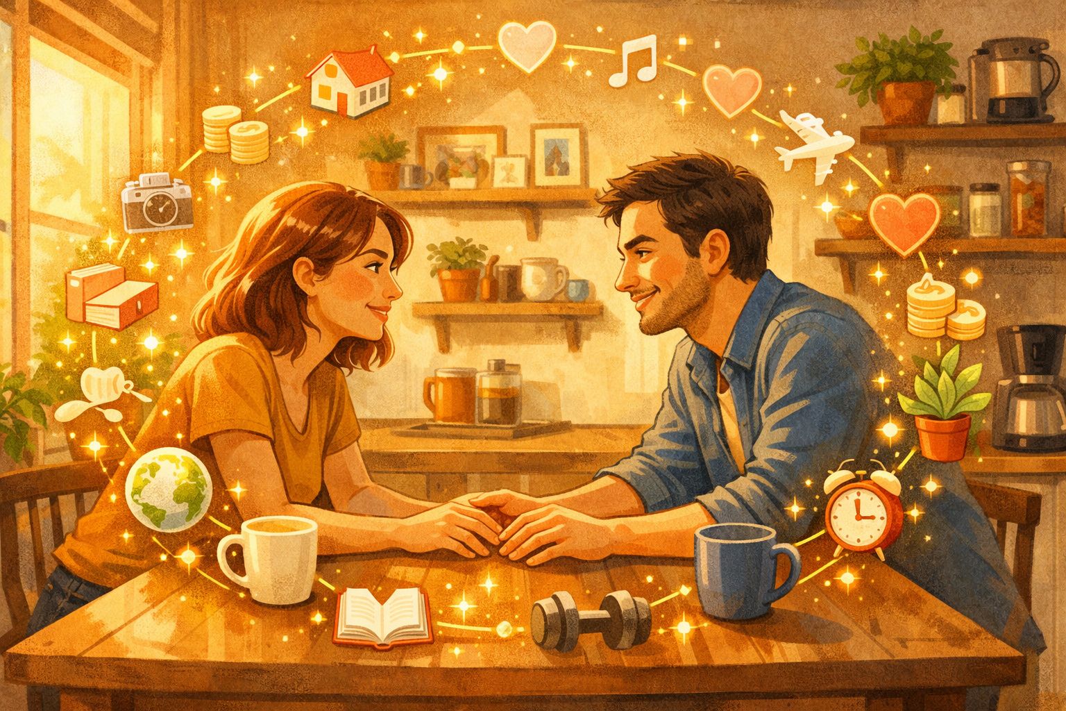 Casal jovem sorrindo e segurando as mãos em uma cozinha com símbolos de sonhos e objetivos ao redor.