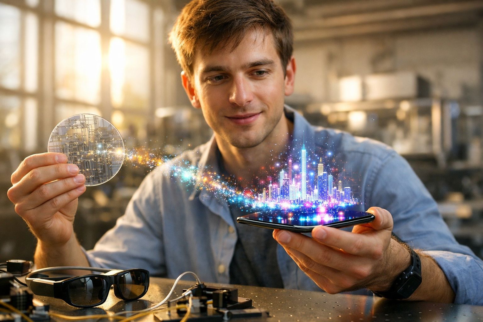 Homem jovem segurando chip eletrônico e projetando holograma colorido de cidade em smartphone.