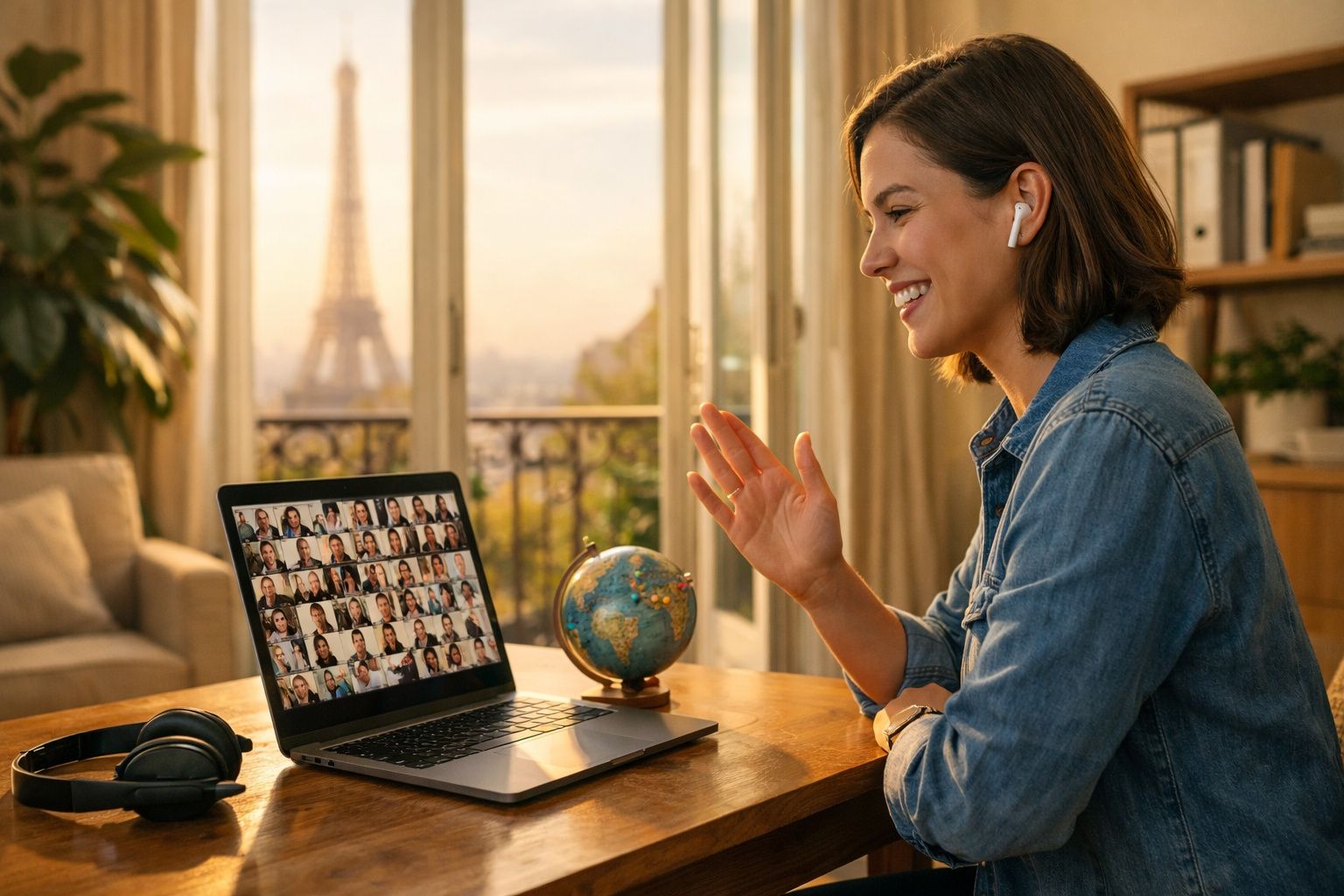 Mulher sorrindo e acenando em videoconferência no laptop com vista da Torre Eiffel ao fundo.
