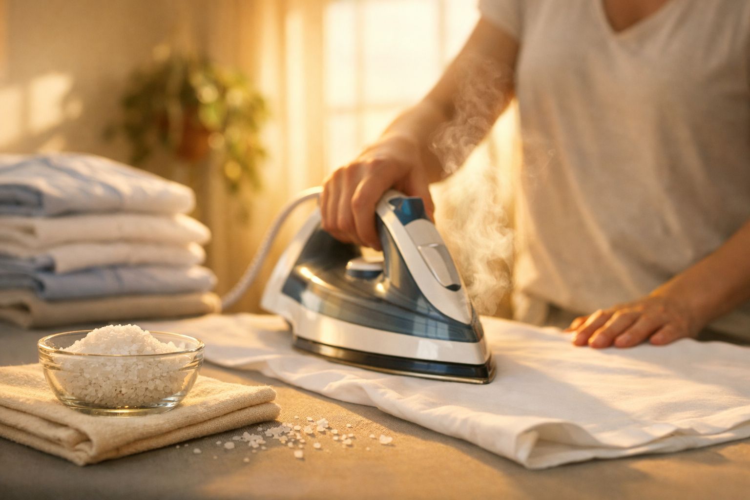 Pessoa passando roupa branca com ferro a vapor em ambiente iluminado e toalha dobrada ao fundo.