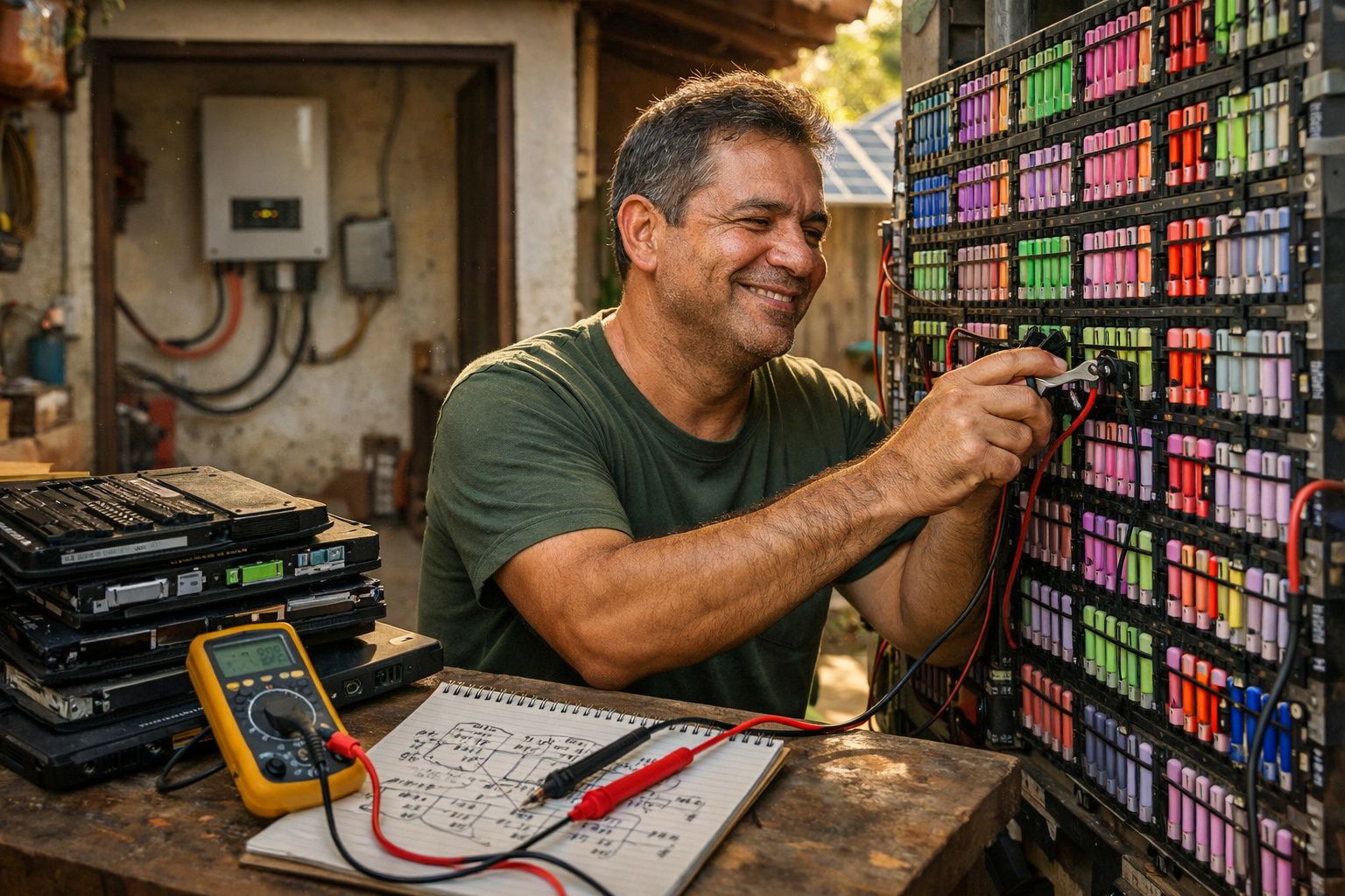 Homem sorridente testando bateria em painel grande com multímetro e anotações técnicas em bancada.