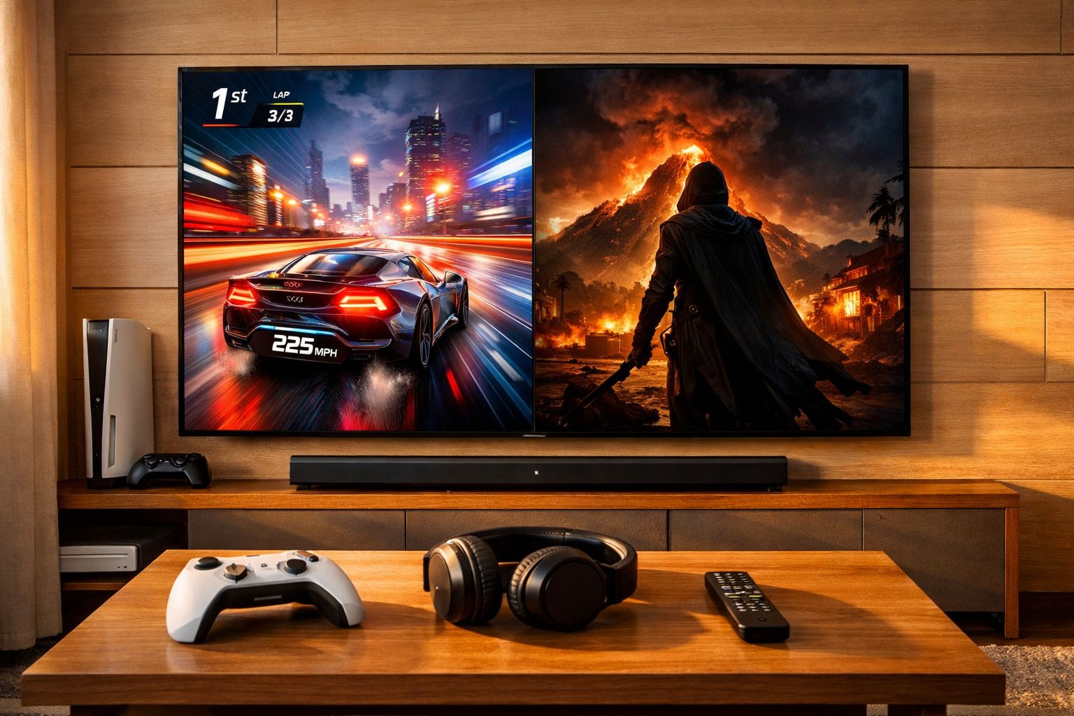 Sala com TV mostrando jogo de corrida e aventura, controles, fone de ouvido e barra de som à frente.