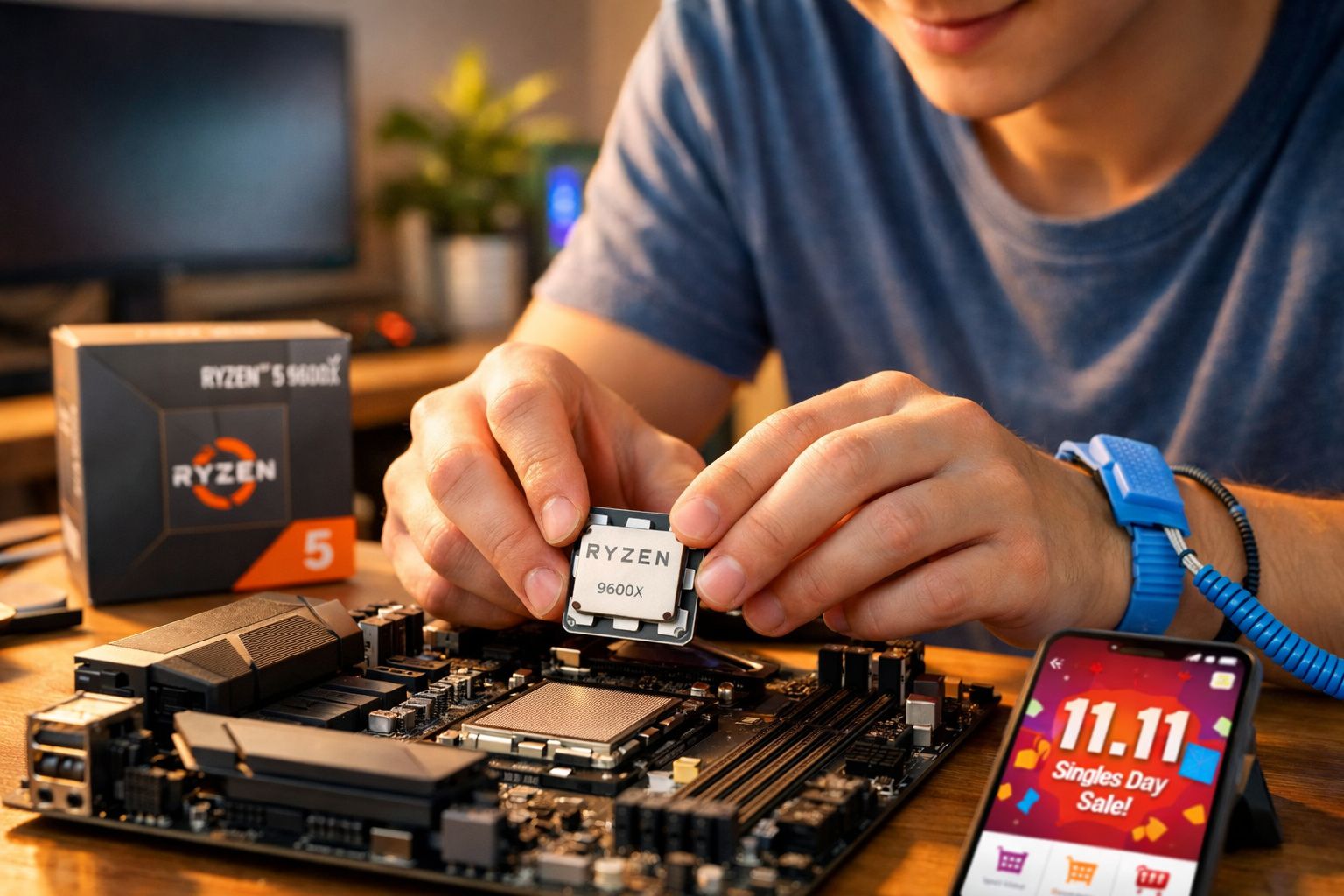 Pessoa segurando um processador Ryzen 5 9600X para instalar em placa-mãe com celular exibindo promoção 11.11 ao lado.
