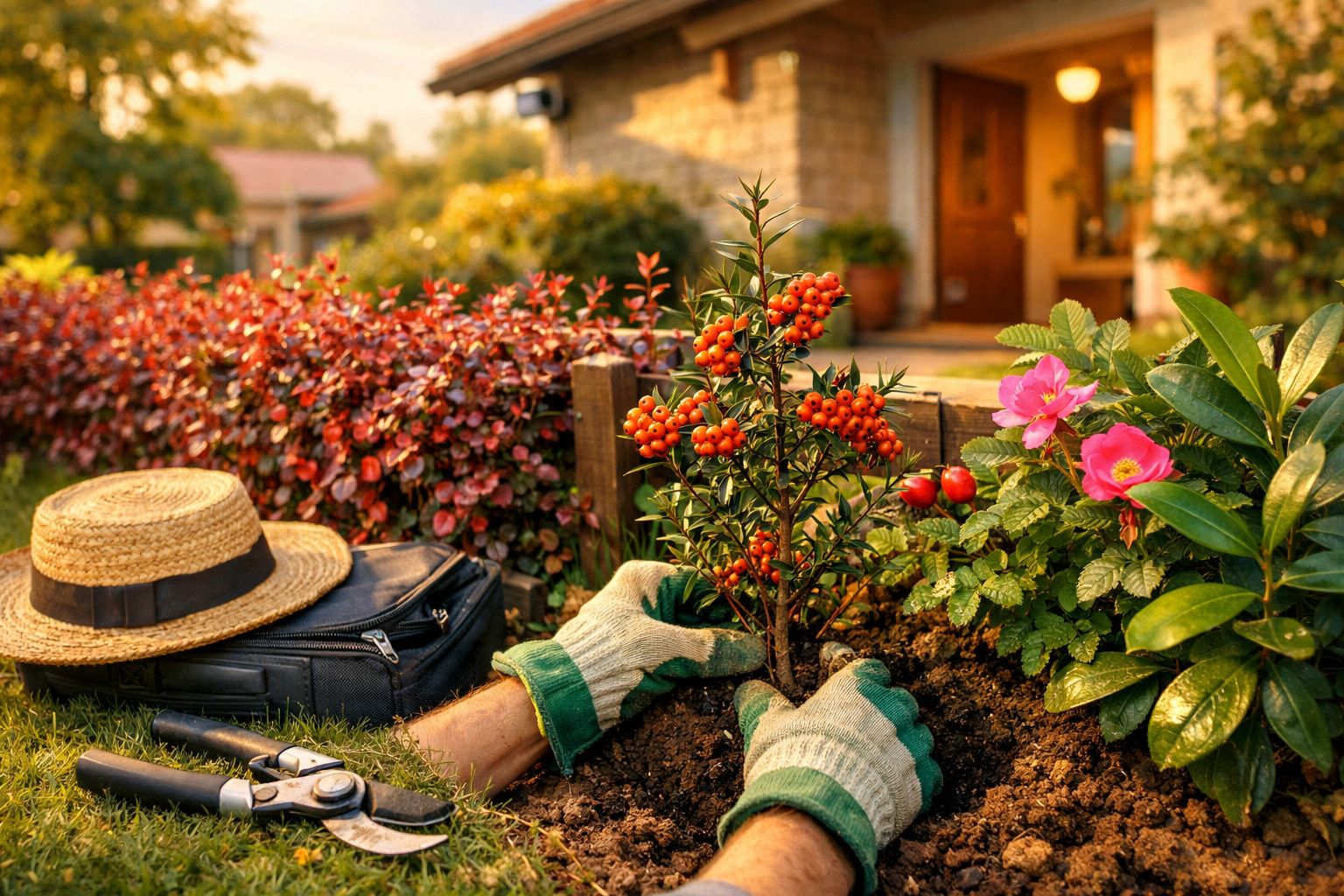Pessoa usando luvas planta arbusto com frutas vermelhas em jardim com flores e ferramentas ao lado.