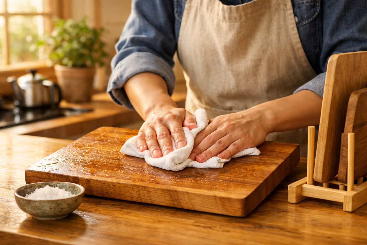 Pessoa limpando tábua de madeira com pano branco em cozinha iluminada, com pote de sal ao lado.