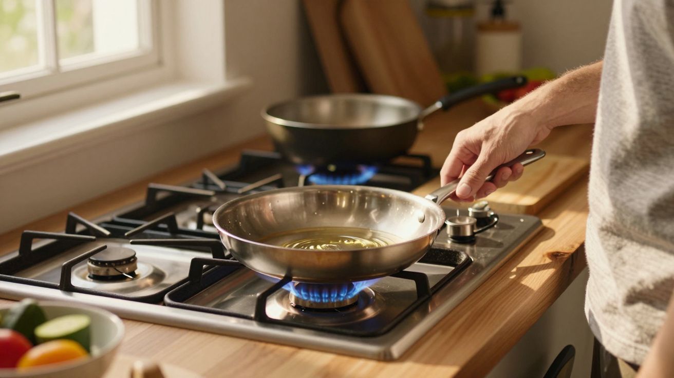 Mão regulando fogo em fogão a gás com frigideira metálica aquecendo óleo.