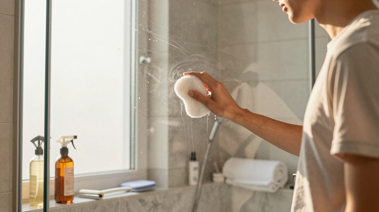 Pessoa limpando o vidro do box do banheiro com uma esponja branca.