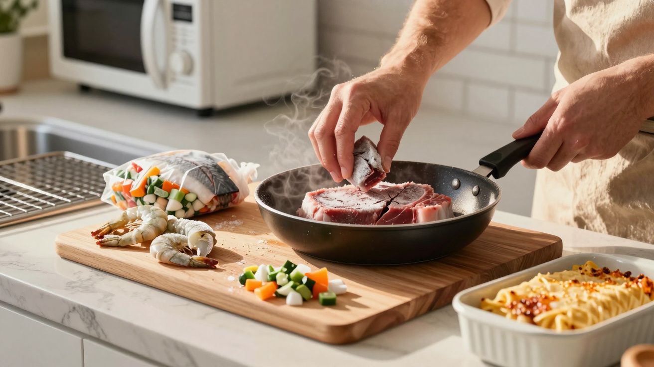 Pessoa temperando carne na frigideira com legumes, camarões e massa em recipiente ao redor na cozinha.