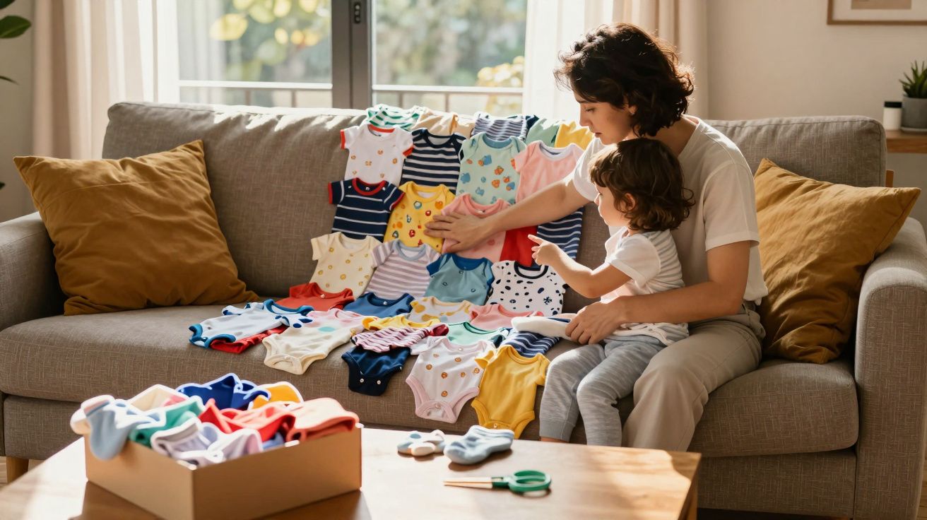 Mulher e criança sentadas no sofá escolhendo roupinhas de bebê coloridas espalhadas no estofado.